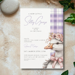 Silly Goose Purple Gingham Flower Bow Baby Shower Invitation