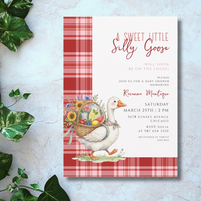 Silly Goose Red Gingham Flower Baby Shower Invitation (Creator Uploaded)