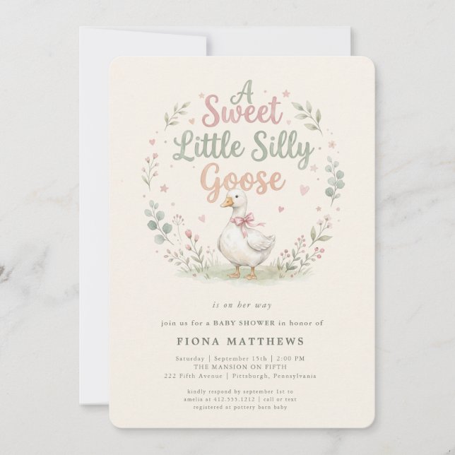Silly Goose Sage Gingham Baby Shower  Invitation (Front)