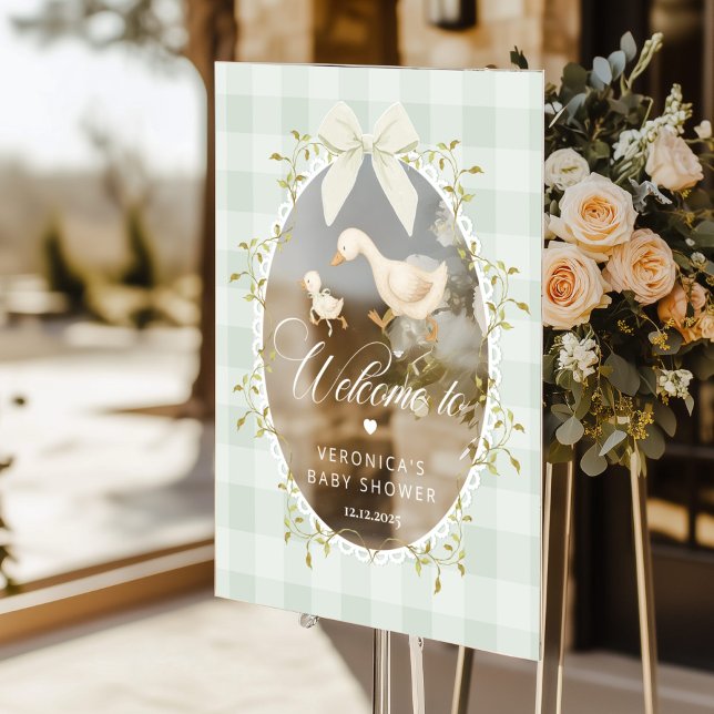 Silly Goose Sage Gingham Baby Shower Welcome Acrylic Sign (Creator Uploaded)