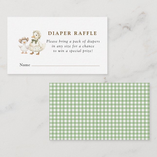 Silly Goose Sage gingham babyshower diaper raffle  Enclosure Card (Front/Back)