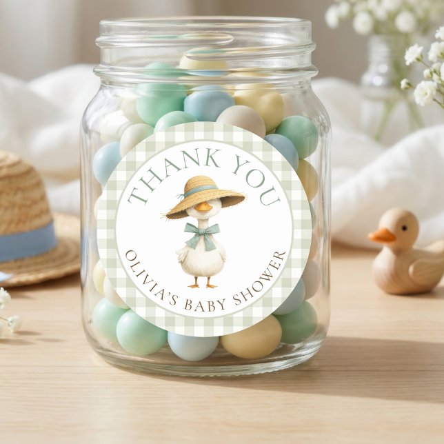 Silly Goose Sage Gingham Thank You Baby Shower  Classic Round Sticker (Creator Uploaded)