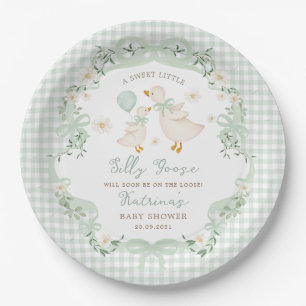 Silly Goose Sage Green Bow Gingham Baby Shower Paper Plate