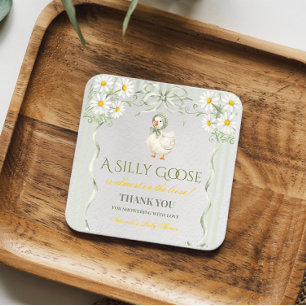 Silly Goose Sage Green Gender Neutral Baby Shower Square Paper Coaster