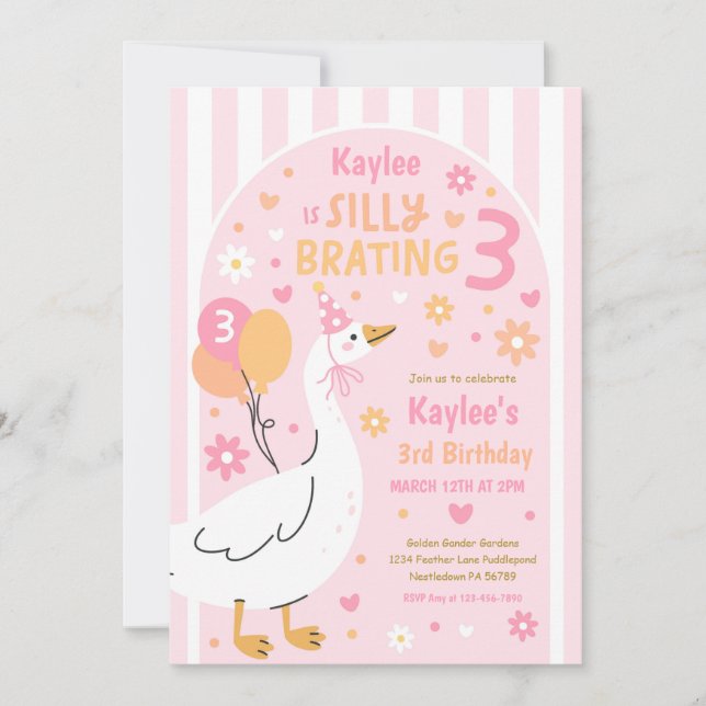 Silly Goose Silly-Brating Three Birthday Party  Invitation (Front)