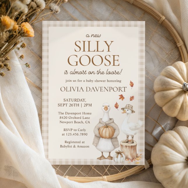 Silly Goose Storybook Fall Gingham Baby Shower Invitation (Creator Uploaded)