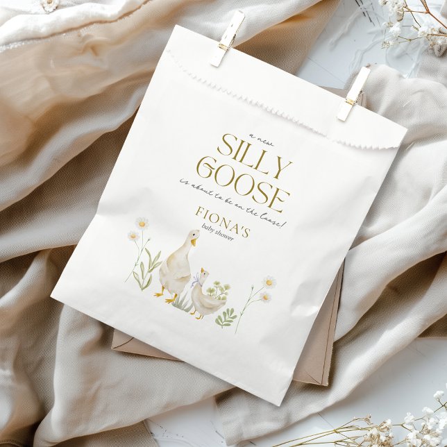 Silly Goose Watercolor Gender Neutral Baby Shower Favour Bags (Silly Goose Baby Shower Theme Favor Bag Cute Custom Aesthetic Watercolor Beige Gingham)