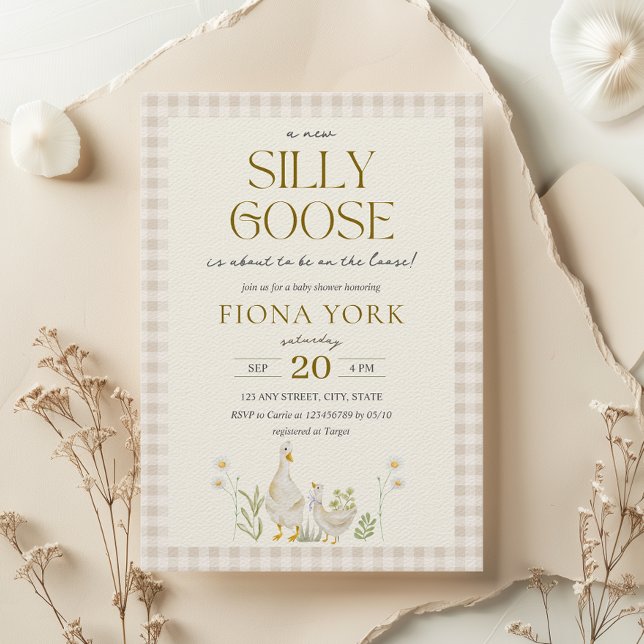 Silly Goose Watercolor Gender Neutral Baby Shower Invitation (Silly Goose Baby Shower Theme Beige Aesthetic Gingham Modern Cute Gender Neutral Animal Themed)