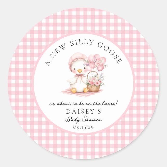 Silly Goose Watercolor Girl Baby Shower  Classic Round Sticker (Front)