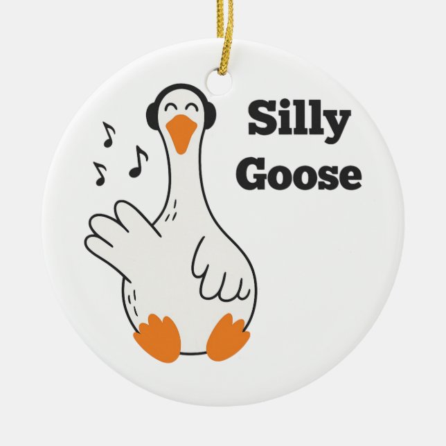 Silly Goose Wearing Headphones – Cute Funny Goose Ceramic Tree Decoration (Front)