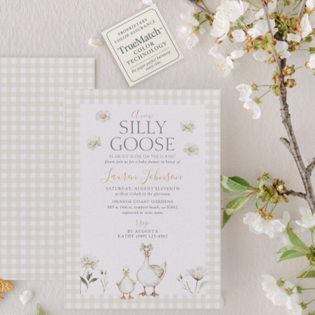 Silly Goose Whimsical Beige Gingham Baby Shower Invitation (Creator Uploaded)