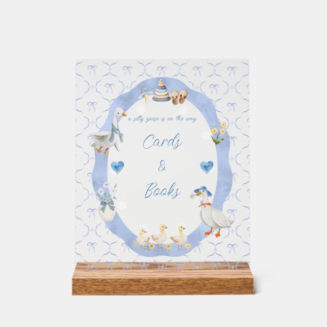 Silly Goose Whimsical Bow Baby Boy Shower Acrylic Sign (Front)