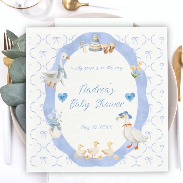 Silly Goose Whimsical Bow Baby Boy Shower Napkin (Creator Uploaded)
