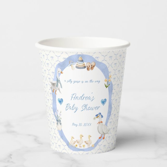 Silly Goose Whimsical Bow Baby Boy Shower Paper Cups (Front)