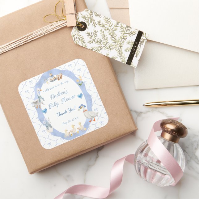 Silly Goose Whimsical Bow Baby Boy Shower Square Sticker (Gifting)