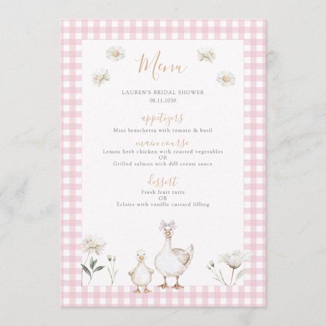 Silly Goose Whimsical Pink Bow Baby Girl Shower Menu (Front)
