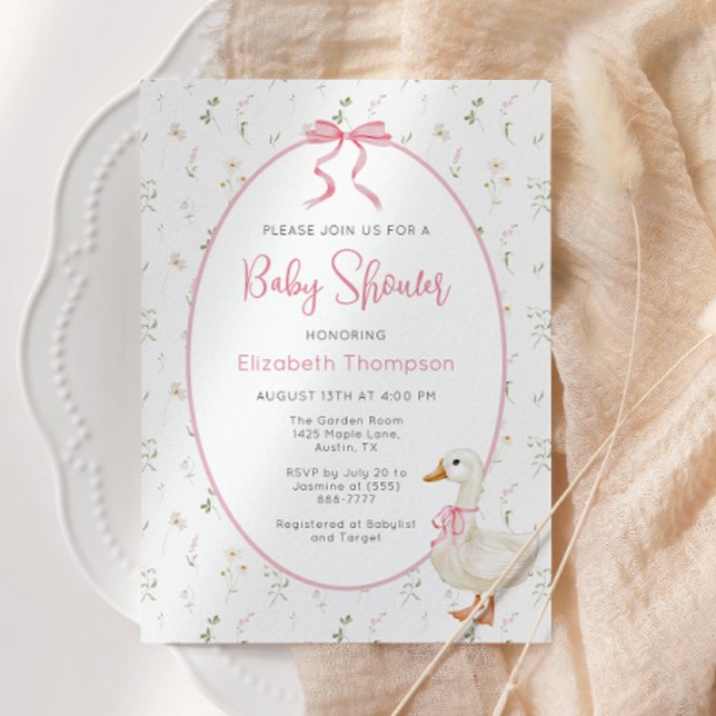 Silly Goose Wildflower Pink Bow Baby Shower Invitation (Creator Uploaded)