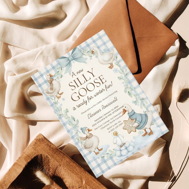 Silly Goose Winter Baby Shower Blue Gingham Invitation (Creator Uploaded)