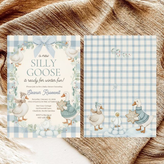 Silly Goose Winter Blue Plaid Baby Shower Invitation (Creator Uploaded)