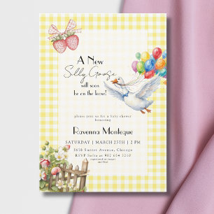 Silly Goose Yelloow Gingham Balloons Baby Shower Invitation