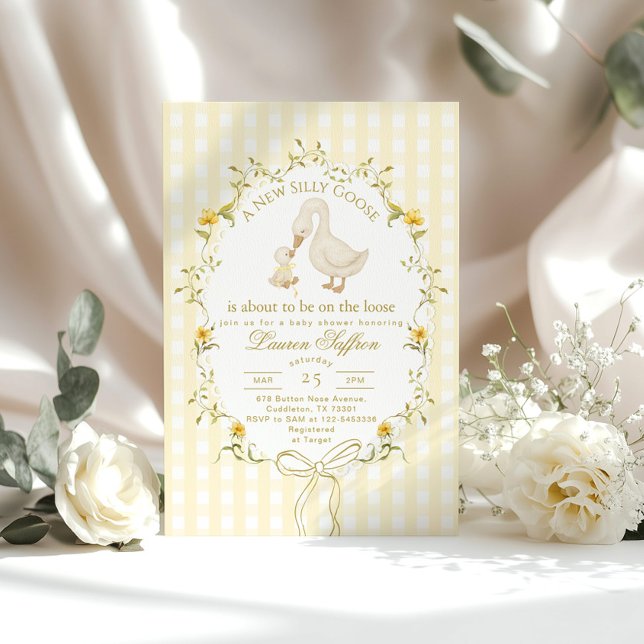 Silly Goose Yellow Gender neutral Bow Baby Shower Invitation (Creator Uploaded)