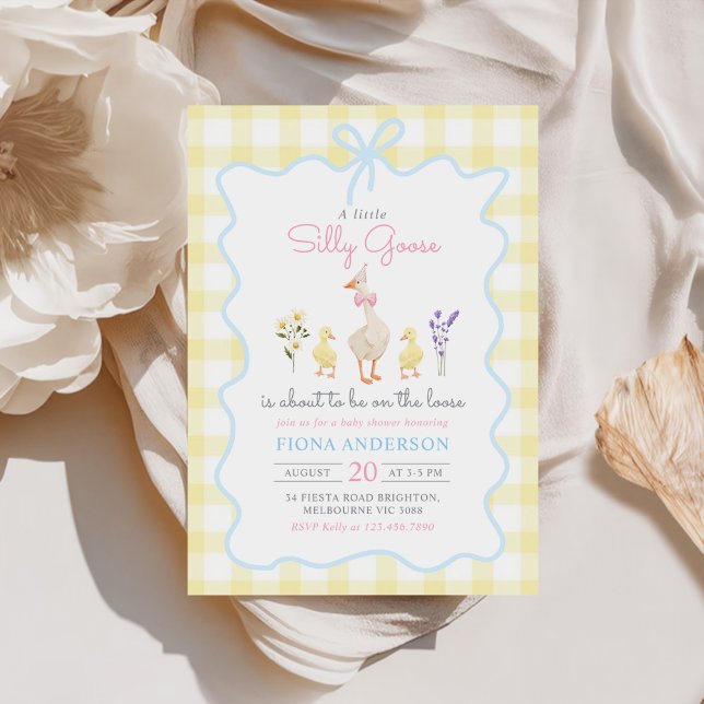 Silly Goose Yellow Gingham Bow Duck Baby Shower Invitation (Creator Uploaded)