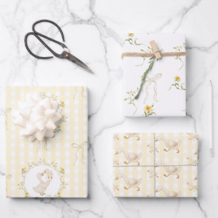 Silly Goose Yellow Gingham wildflower Baby Shower Wrapping Paper Sheet