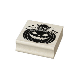 Silly Halloween Gremlin Hiding In Pumpkin Rubber Stamp