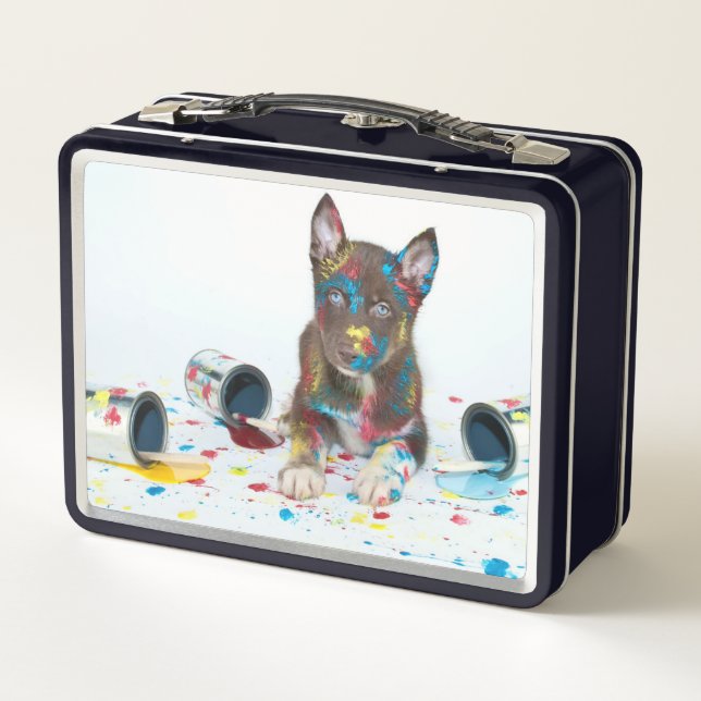 Silly Husky Puppy got into Paint Buckets Metal Lunch Box (Back)