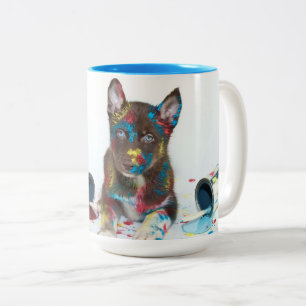 Silly Husky Puppy got into Paint Buckets Two-Tone Coffee Mug