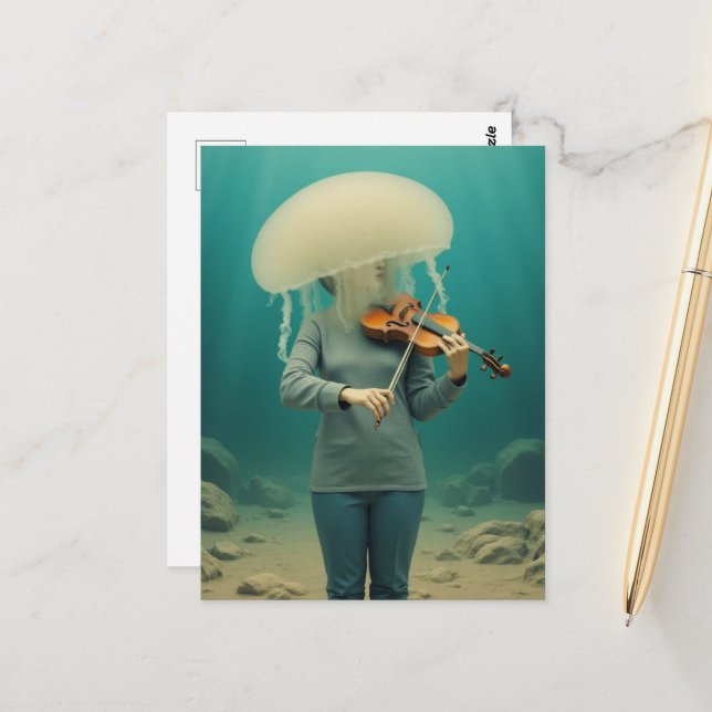 Silly Jellyfish Lady Making Music Postcard (Front/Back In Situ)