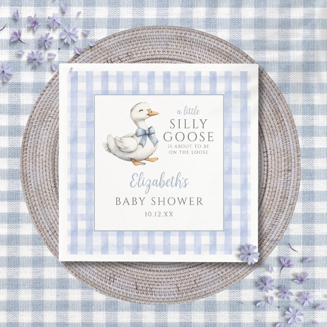 Silly Little Goose Blue Gingham Baby Shower Napkin (Silly Little Goose Blue Gingham Baby Shower Napkins)
