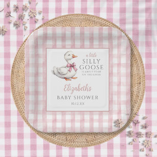 Silly Little Goose Pink Gingham Baby Shower Paper Plate