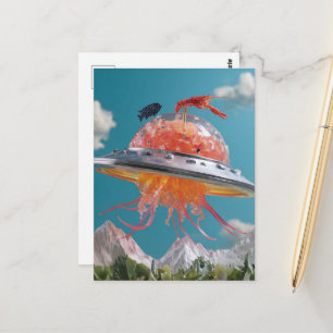 Silly Lobster Fish Surreal Jellyfish UFO Collage Postcard