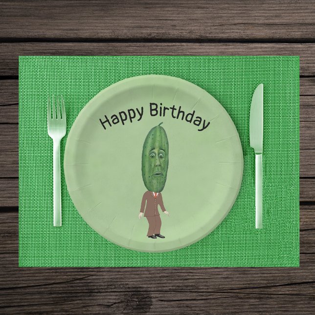 Silly Man Green Pickle Head with Face Brown Suit Paper Plate (Silly man in suit big green pickle head with face on green Happy Birthday paper party plates.)