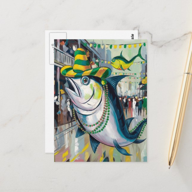 Silly Mardi Gras Fish Postcard (Front/Back In Situ)