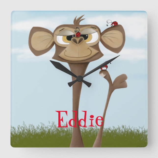 Silly Monkey and Ladybugs Square Wall Clock (Front)