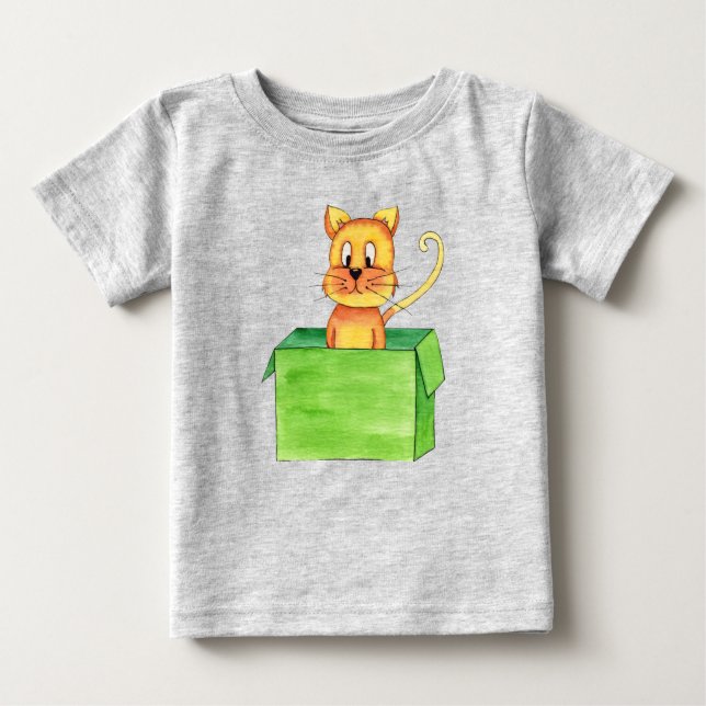 Silly Orange Playing Cat In A Box Baby T-Shirt (Front)