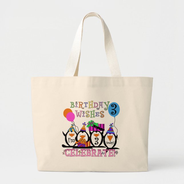 Silly Penguins 3rd Birthday Tshirts and Gifts Large Tote Bag (Front)