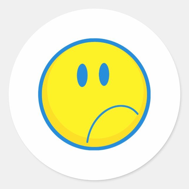 silly sad face yellow and blue classic round sticker (Front)