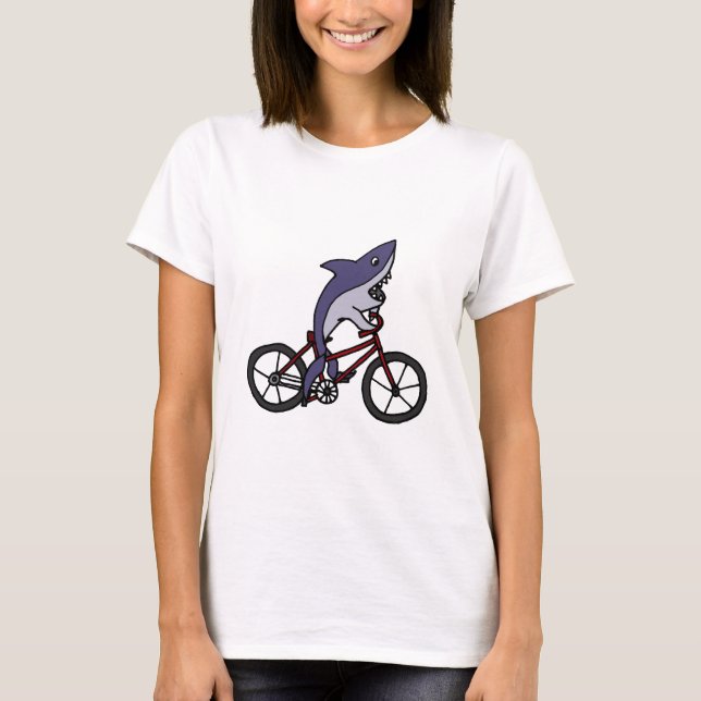 Silly Shark Riding Bicycle Cartoon T-Shirt (Front)