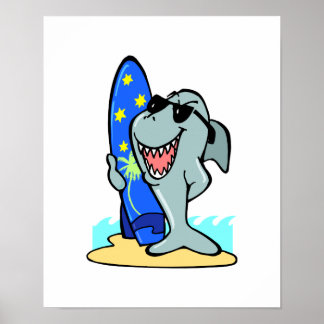 silly shark with surfboard poster