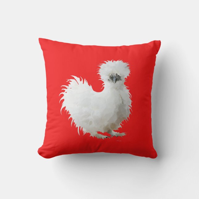 Silly Silkie Chicken on Red Cushion (Front)