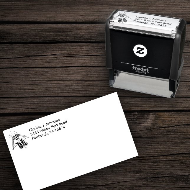 Silly Skeleton Christmas Ornament Eyes Santa Hat Self-inking Stamp (Line drawing of christmas fun skeleton  wearing Santa hat on self inking return address stamp.)