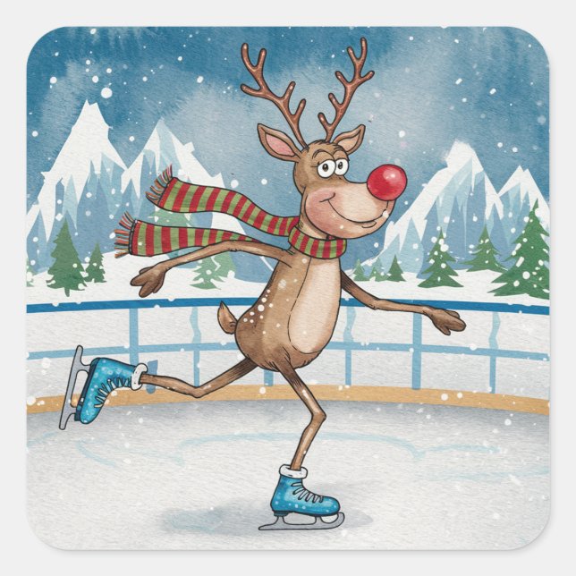 Silly Skinny Rudolph on ice Skates Christmas  Square Sticker (Front)