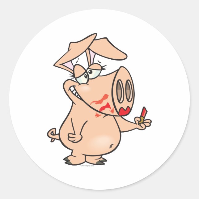 silly sloppy lipstick piggy pig cartoon classic round sticker (Front)