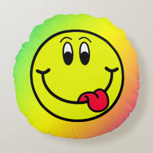 Silly Smiling Face Emoji Rainbow Round Pillow