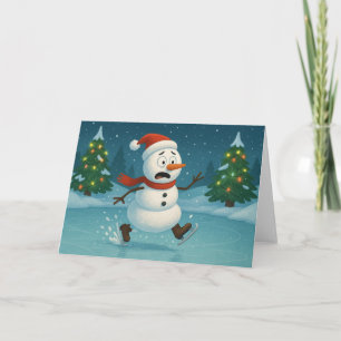 Silly Snowman Ice Skating on Christmas Eve Card