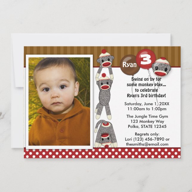 Silly SOCK MONKEY Birthday Invitation SMR (photo) (Front)