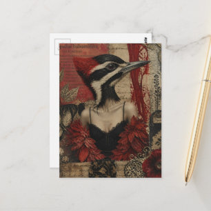 Silly Woodpecker in a black dress mixed media art Postcard